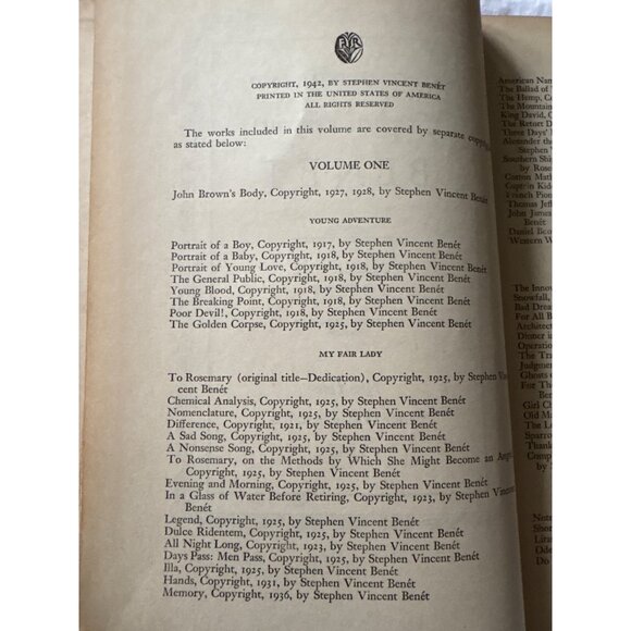 Selected Works Of Stephen Vincent Benet Volume One Poetry 1942 Hardcover Farrar - Picture 7 of 9